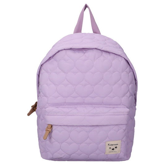 Paarse kinderrugzak uit de Wonderful Worlds collectie met hartjesprint, dubbel ritsvak, voorvak en verstelbare schouderbanden