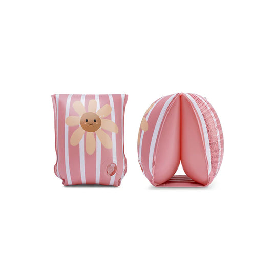 Roze Swim Essentials Daisy Flower zwembandjes met witte strepen voor kinderen van 2–6 jaar, 2 luchtkamers, duurzaam PVC