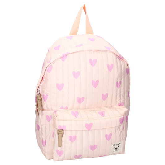 Roze kinderrugzak uit de Magical Meadows collectie met vrolijke hartjesprint, dubbel ritsvak en verstelbare schouderbanden