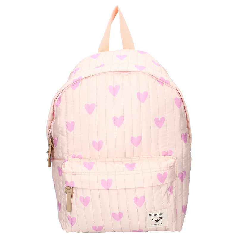 Roze kinderrugzak uit de Magical Meadows collectie met vrolijke hartjesprint, dubbel ritsvak en verstelbare schouderbanden