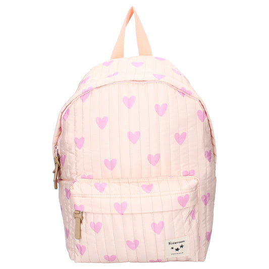 Roze kinderrugzak uit de Magical Meadows collectie met vrolijke hartjesprint, dubbel ritsvak en verstelbare schouderbanden