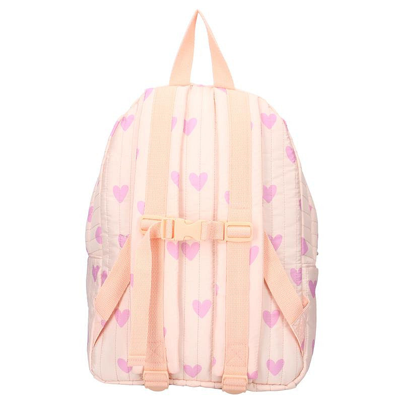 Roze kinderrugzak uit de Magical Meadows collectie met vrolijke hartjesprint, dubbel ritsvak en verstelbare schouderbanden