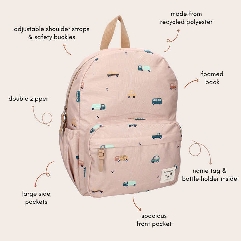 Kinderrugzak uit de Small Talk collectie met vrolijke all-over auto en voertuigen print, dubbel ritsvak, zijvak voor drinkfles en verstelbare schouderbanden
