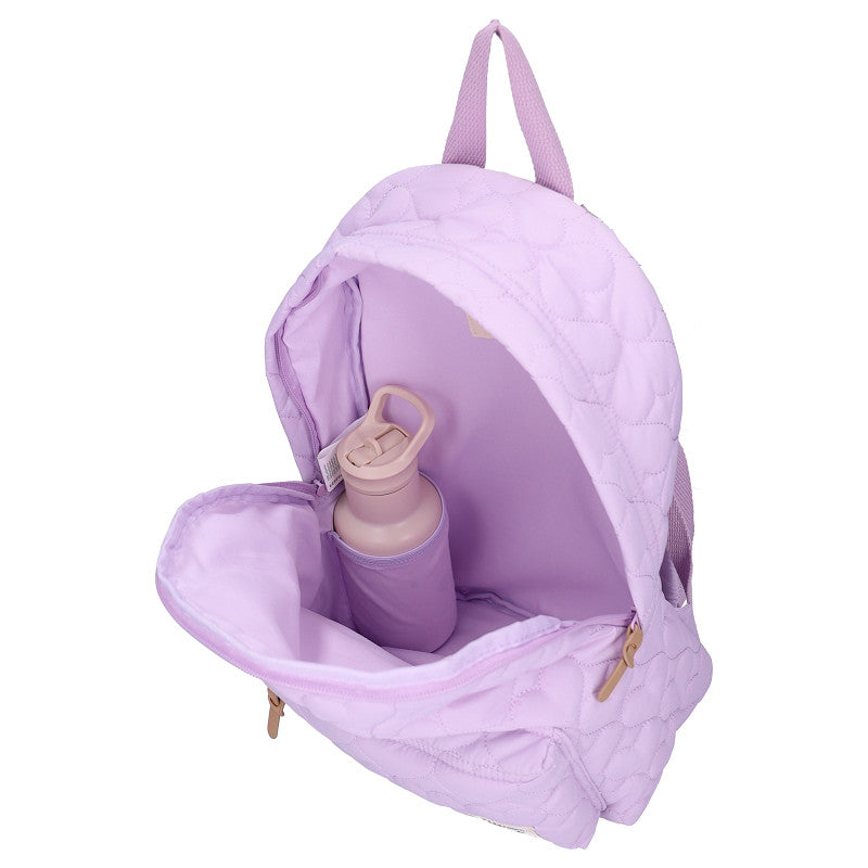 Paarse kinderrugzak uit de Wonderful Worlds collectie met hartjesprint, dubbel ritsvak, voorvak en verstelbare schouderbanden