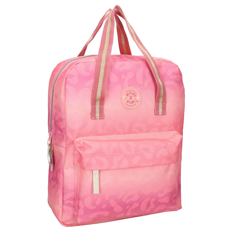 Roze Milky Kiss rugzak uit de Love and Laughter collectie met ruim hoofdvak, voorvak en verstelbare schouderbanden