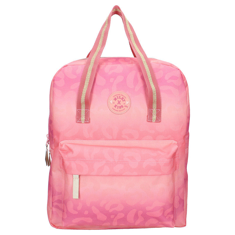 Roze Milky Kiss rugzak uit de Love and Laughter collectie met ruim hoofdvak, voorvak en verstelbare schouderbanden