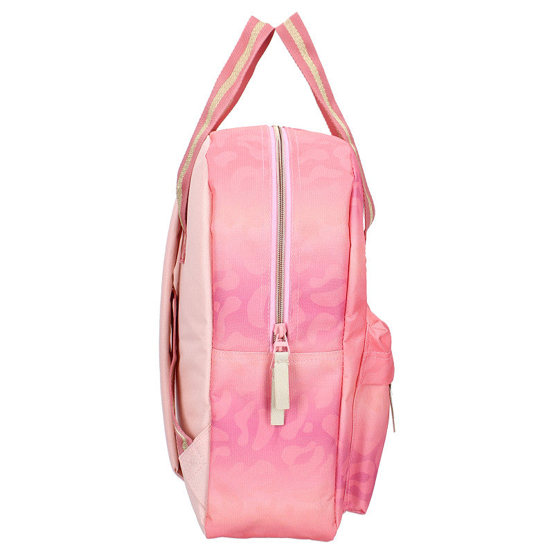 Roze Milky Kiss rugzak uit de Love and Laughter collectie met ruim hoofdvak, voorvak en verstelbare schouderbanden