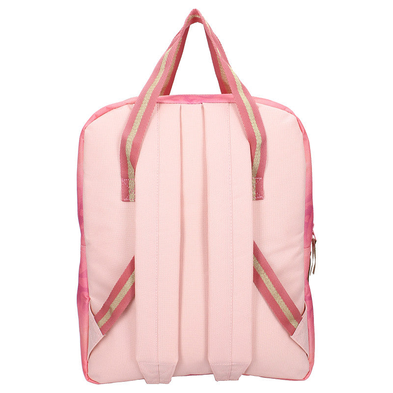 Roze Milky Kiss rugzak uit de Love and Laughter collectie met ruim hoofdvak, voorvak en verstelbare schouderbanden