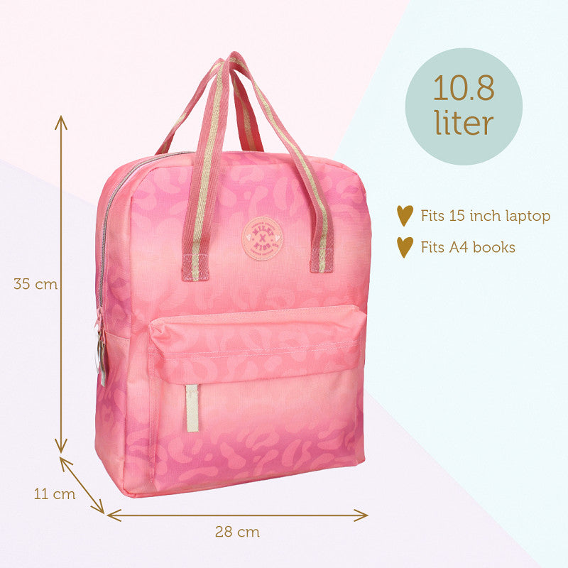 Roze Milky Kiss rugzak uit de Love and Laughter collectie met ruim hoofdvak, voorvak en verstelbare schouderbanden