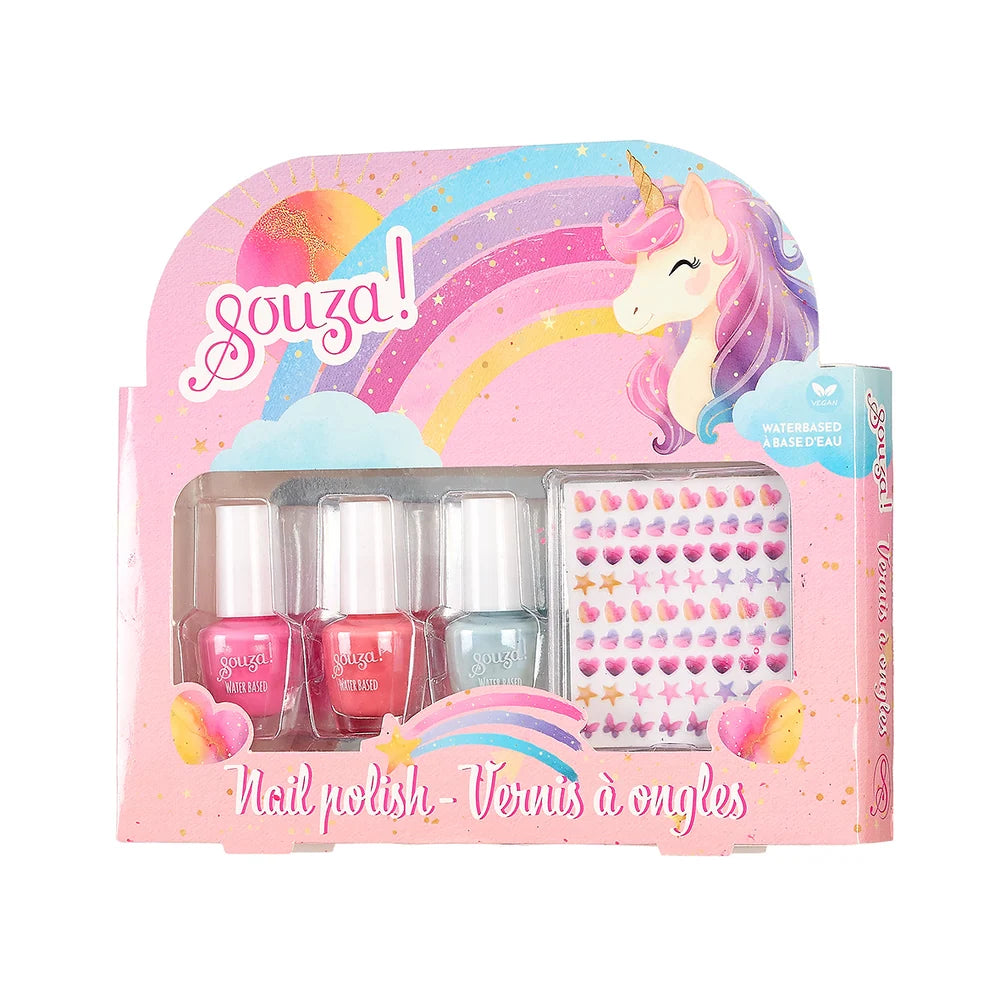 Souza! Nagellak & stickers Unicorn met drie kleuren kindernagellak en nagelstickers