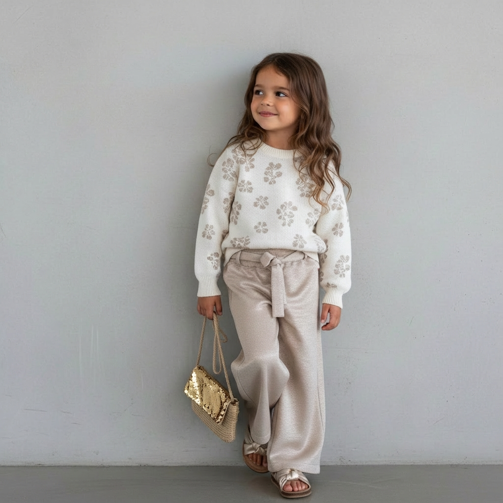 Goudkleurig kinder schoudertasje met pailletten op de klep en lange schouderband