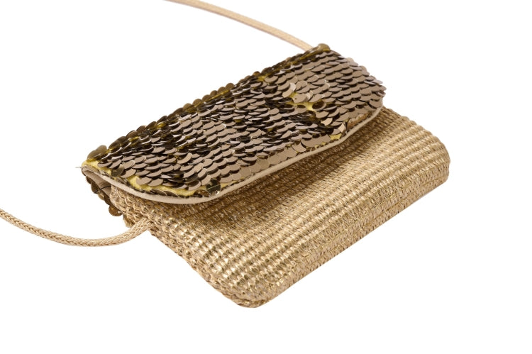 Goudkleurig kinder schoudertasje met pailletten op de klep en lange schouderband