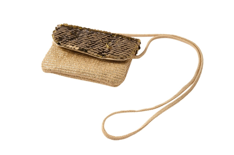 Goudkleurig kinder schoudertasje met pailletten op de klep en lange schouderband