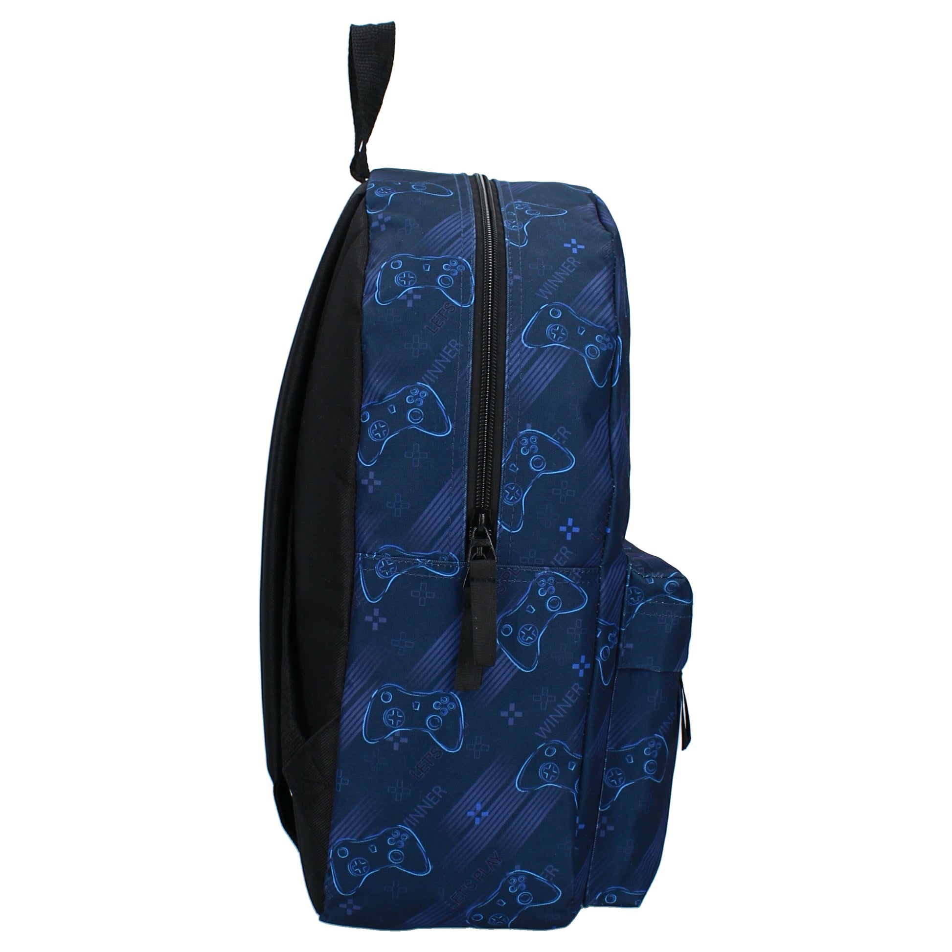 Blauwe Skooter rugzak uit de Gamers Unite collectie met all-over gamecontroller print en verstelbare schouderbanden