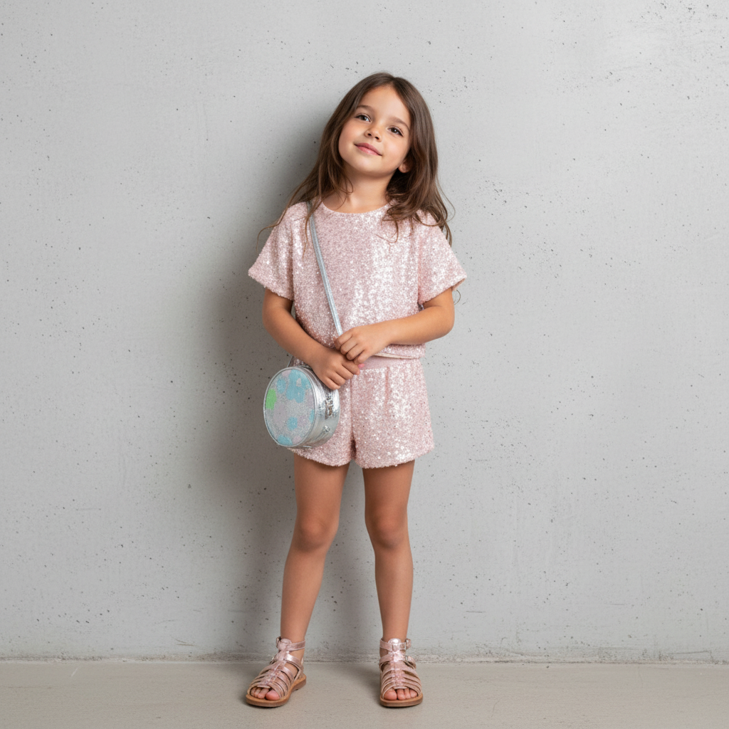 Rond zilverkleurig kinderschoudertasje met pastel bloemenpailletten op de voorkant en verstelbare zilveren schouderband
