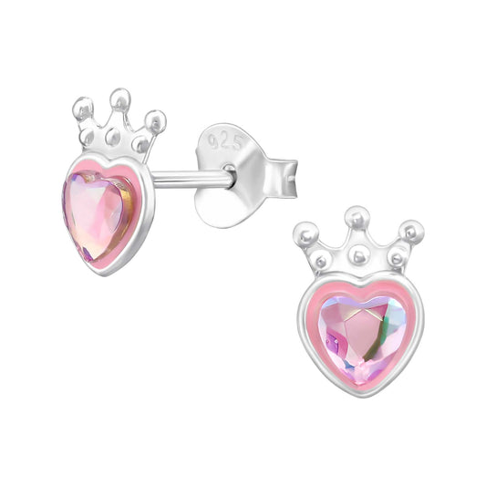 Oorstekers roze hartje & zilveren kroontje