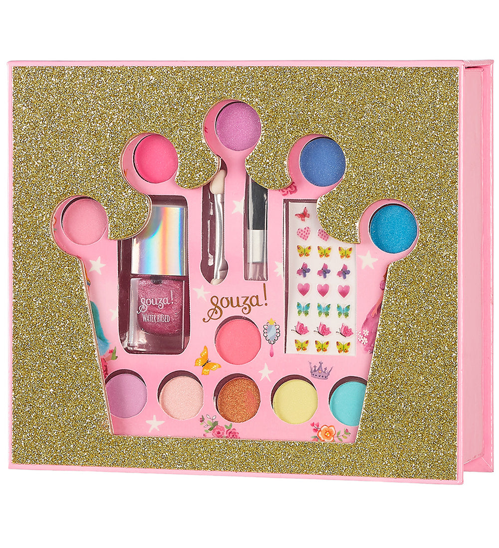 Souza! make-up cadeauset Kroon met 11 kleuren oogschaduw, roze nagellak en nagelstickers