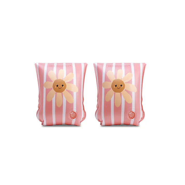 Roze Swim Essentials Daisy Flower zwembandjes met witte strepen voor kinderen van 2–6 jaar, 2 luchtkamers, duurzaam PVC