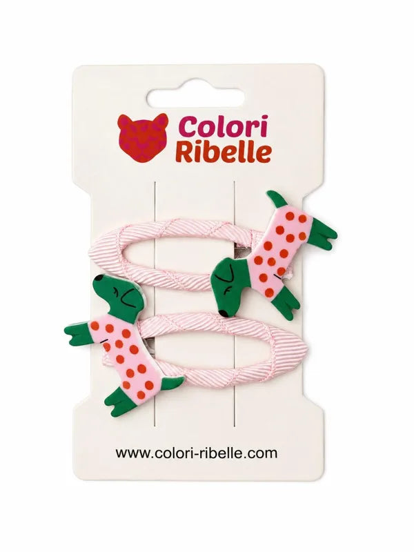 Groene en roze haarspeldjes met hondendetail en stippen van Colori Ribelle